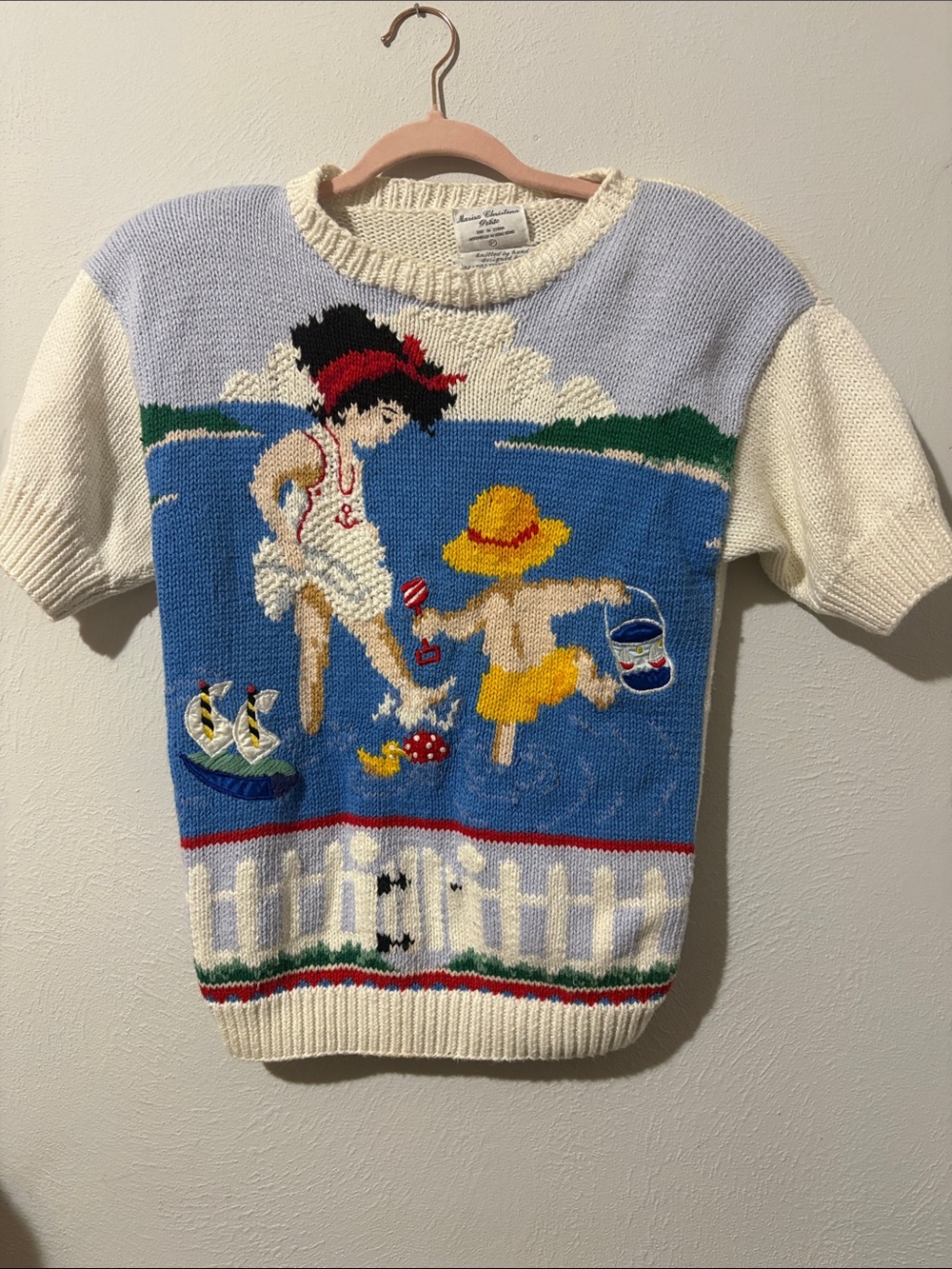 Vintage Hand Knit Knit Sweater Tee with Children Motif - Cream & Blue